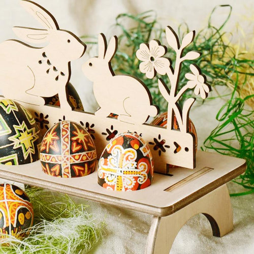 Wooden Easter Egg Rack Stand Rabbit Hen Happy Easter Pattern Festival Easter Egg Tray Holder DIY Decoration for Home